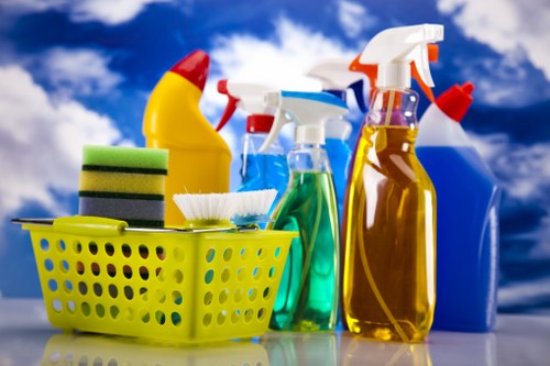 Carpet cleaning team preparing safety equipment and workspace