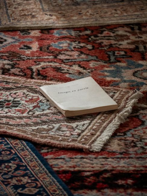 A close-up view of a patterned area rug with intricate floral designs in shades of red, blue, beige, and orange, placed on a polished wooden floor. Sunlight streams across the rug, creating shadows an